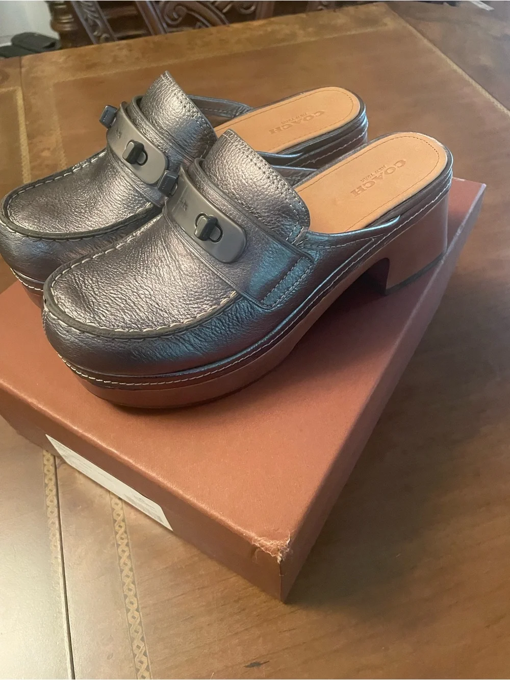 Coach 2016 collection Adrienne Metallic Tambled Gunmetal Leather Platform Clogs